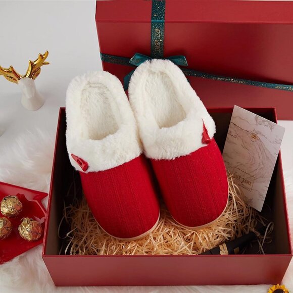 Women's Red Scuff Fur Lining Memory Warm Foam Plush Rubber Slippers Shoes - Picture 7 of 9